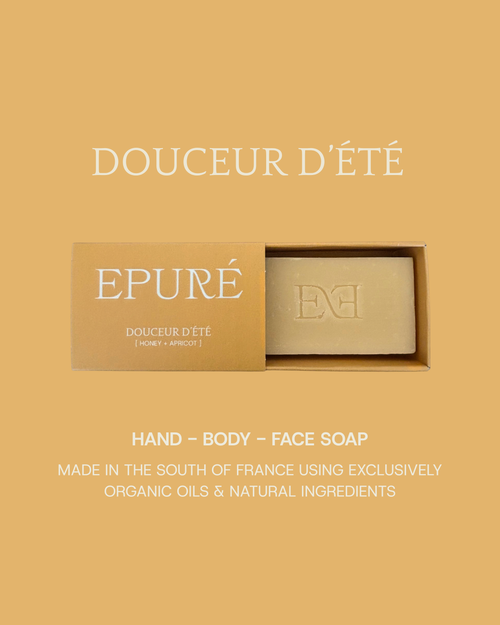 Douceur d'été hand body and face soap from Epuré made with organic oils and natural ingredients only using honey and apricot seed oil. Natural and premium solid soap made by a soap artisan in the South of France. Soap brand from Norway, soaps made in France. 