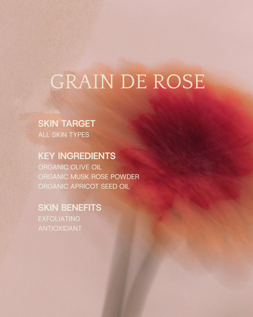 List of skin targets, key ingredients and skin benefits from the solid premium exfoliating soap Grain de Rose from Epuré. 