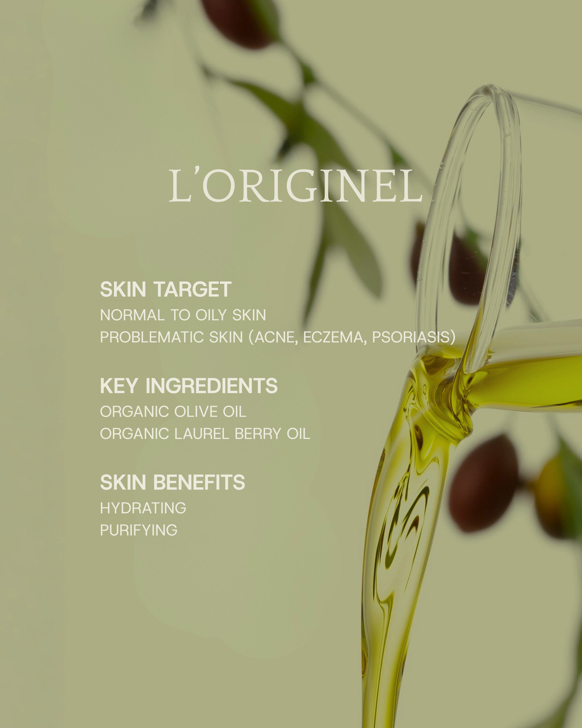 List of skin targets, key ingredients and skin benefits from the solid premium soap L'Originel from Epuré. 