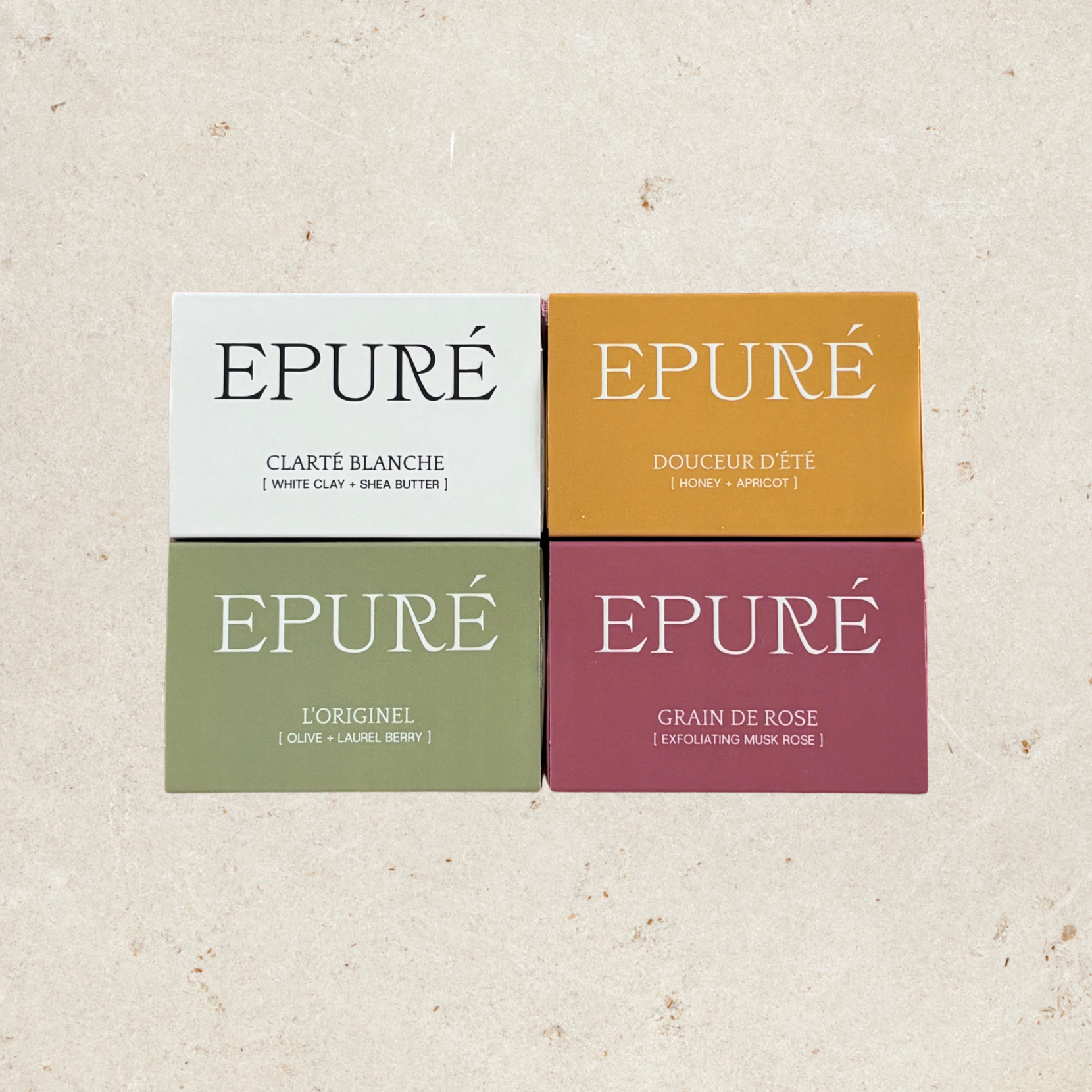 Set of 4 premium and natural soaps from Epuré with packaging boxes. Soaps made from the south of france using natural ingredients.